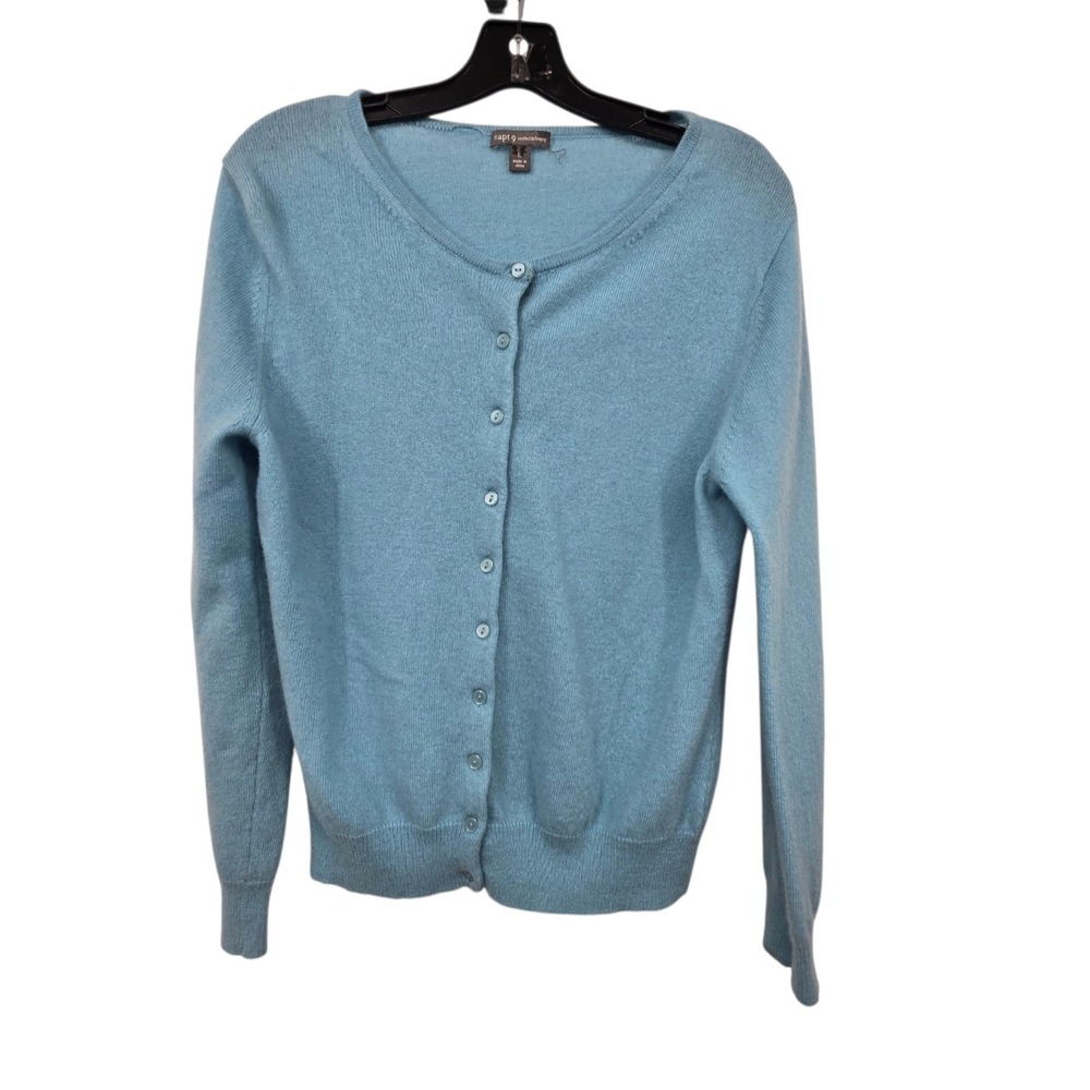 Apt. 9 100% Cashmere Cardigan Sweater Women L Blue Crew Neck Long Sleeves Luxury